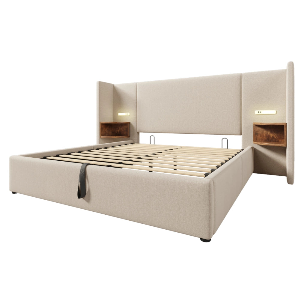 Letto matrimoniale 160x200 cm in lino beige con contenitore, LED e materasso