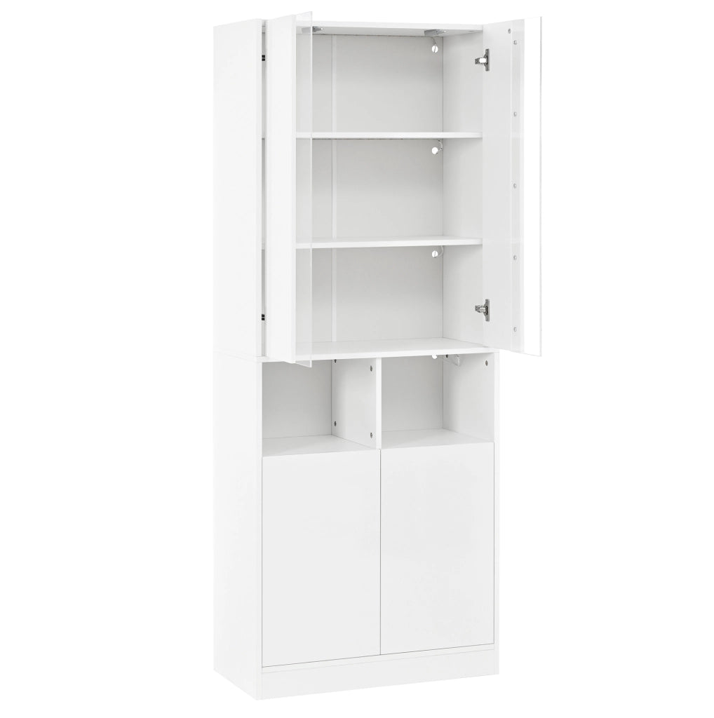 Armadio alto bianco a due sezioni con doppie ante, vetro acrilico centrale, luci LED controllabili via app, ripiano regolabile, 70x35x180 cm