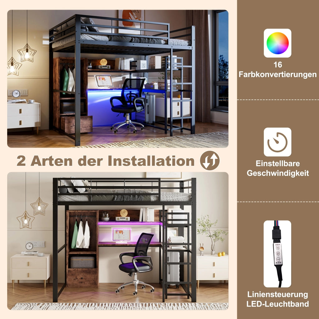 Letto a soppalco 140 × 200 cm con scrivania LED 16 colori cassetto ripiani in metallo e MDF nero