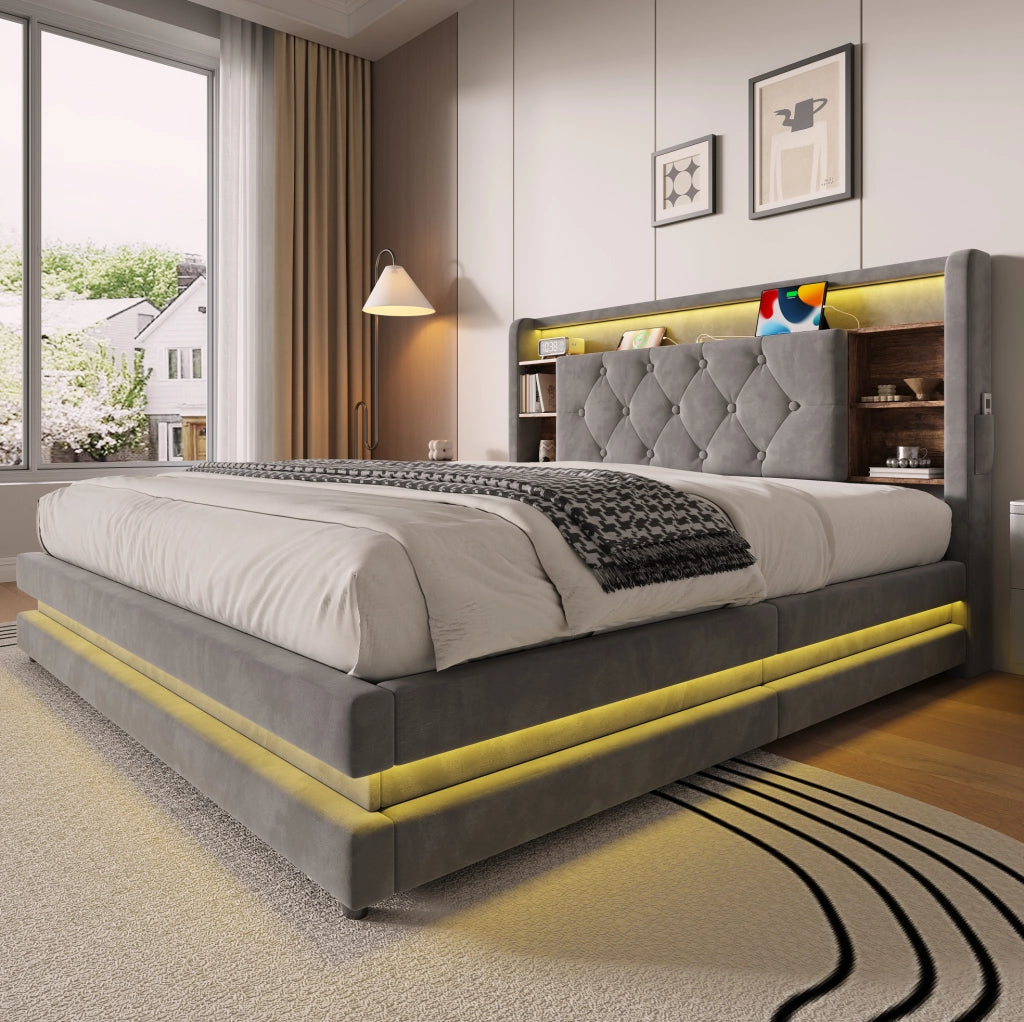 Letto imbottito 140x200 cm grigio scuro con LED e USB