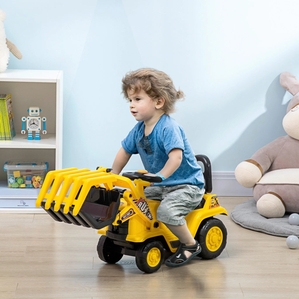 EasyComfort Escavatore per Bambini 2-4 Anni con Pinza, Pulsante per Suoni e Spazio Portaoggetti, 83x27x39 cm, Giallo e Nero