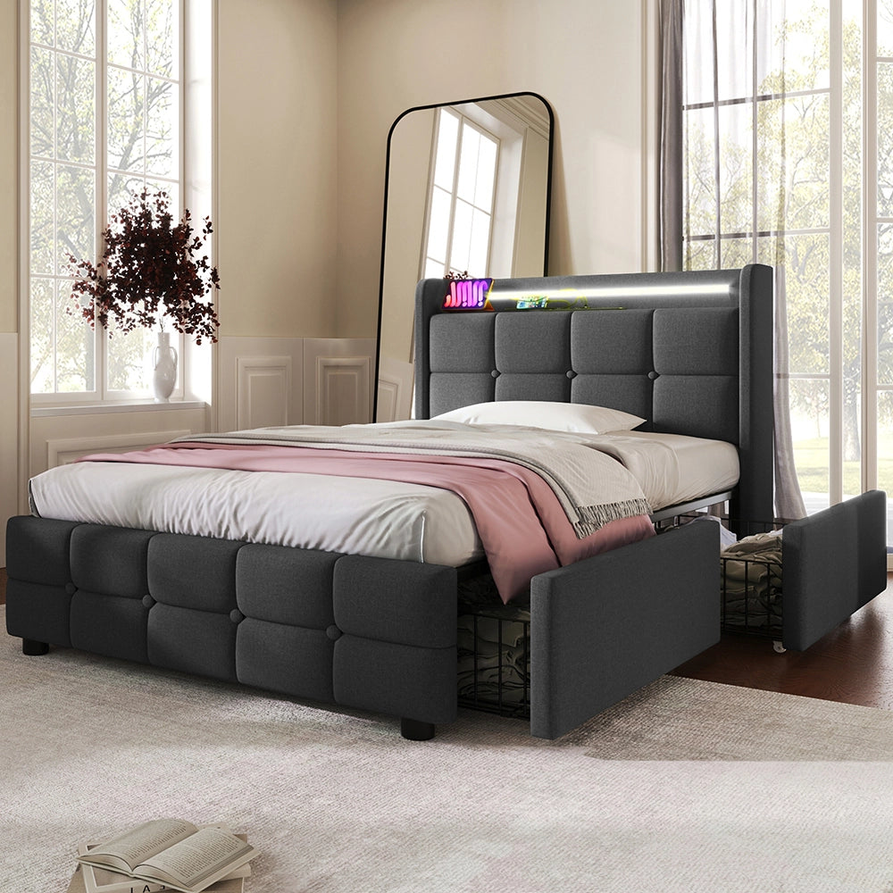 Letto imbottito con testiera e illuminazione LED, 2 cassetti, funzione di ricarica USB, Grigio - Xylo - 90x200cm