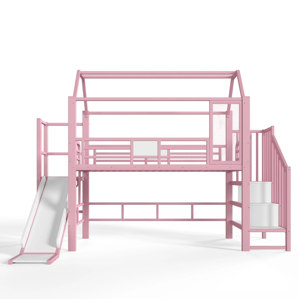 Letto a soppalco ULEVR 90x200 cm a casetta con scivolo, scala con ripiani, LED Bluetooth e barra appendiabiti, rosa