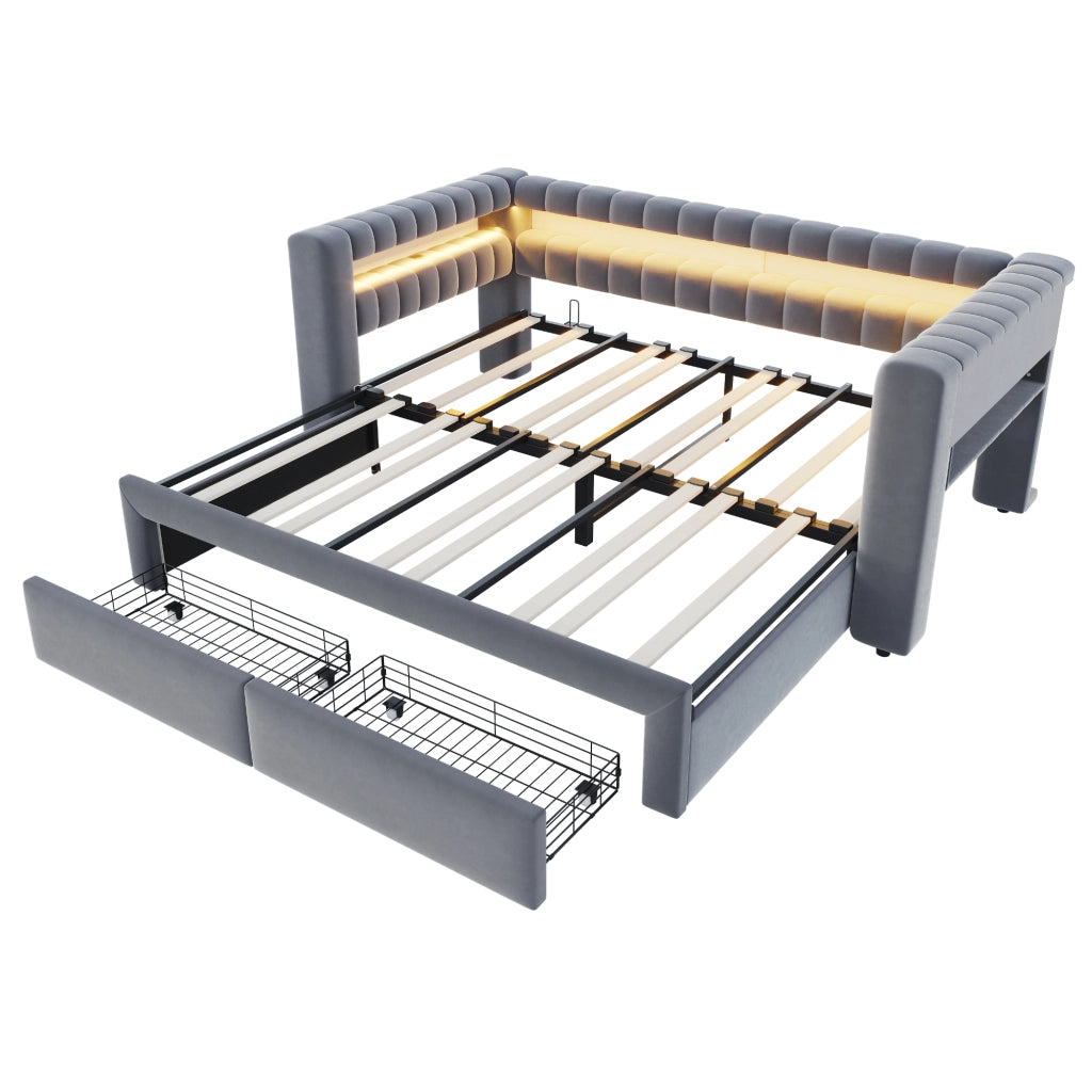 Divano letto 90 × 190 cm trasformabile in letto 180 × 190 cm con cassetti LED USB rivestito in velluto grigio