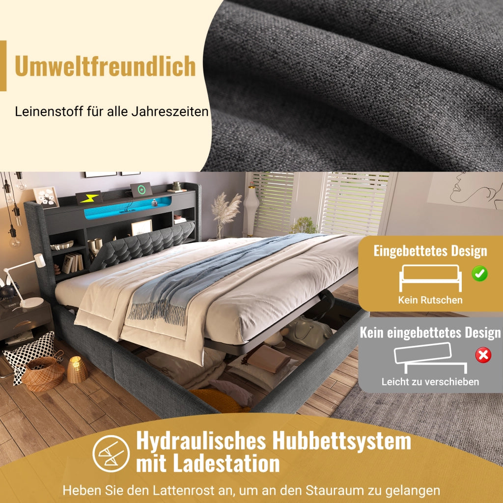Letto matrimoniale contenitore 180 × 200 cm con LED USB e USB-C in lino grigio con testiera a ripiani