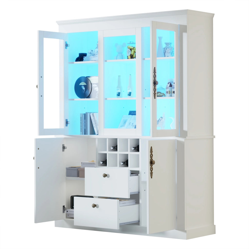 Vetrina soggiorno bianca 130 cm con 4 ante in vetro 2 cassetti e LED