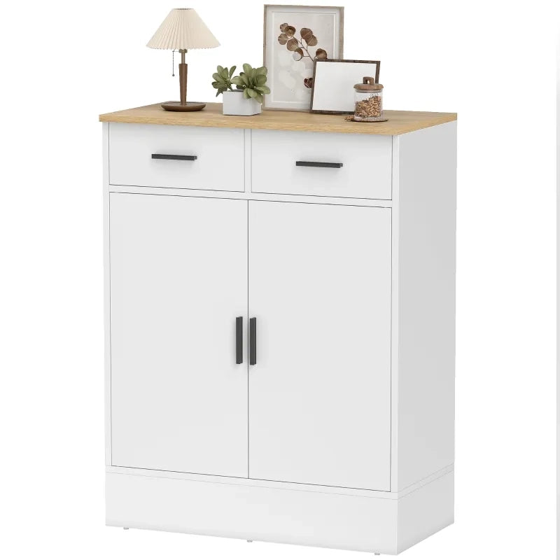 Sideboard in legno naturale bianco con 2 cassetti e ripiano regolabile, mobile contenitore per cucina, soggiorno e ingresso