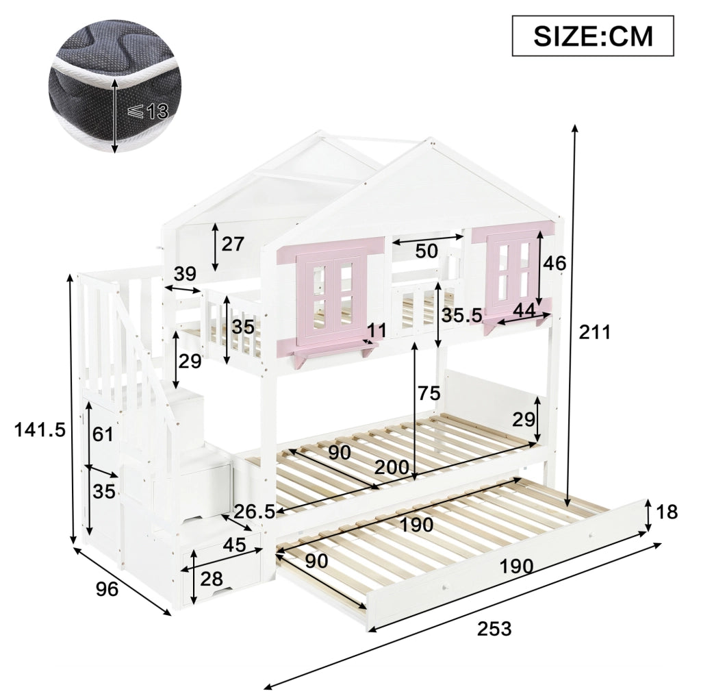 Letto a castello 90x200 cm bianco e rosa in legno e MDF, estraibile,