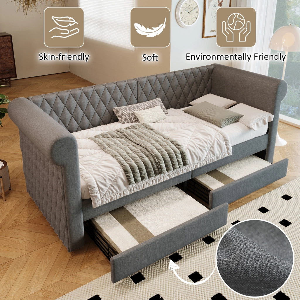 Divano letto 90 × 200 cm con 2 cassetti rivestito in lino grigio con rete a doghe struttura in legno e acciaio