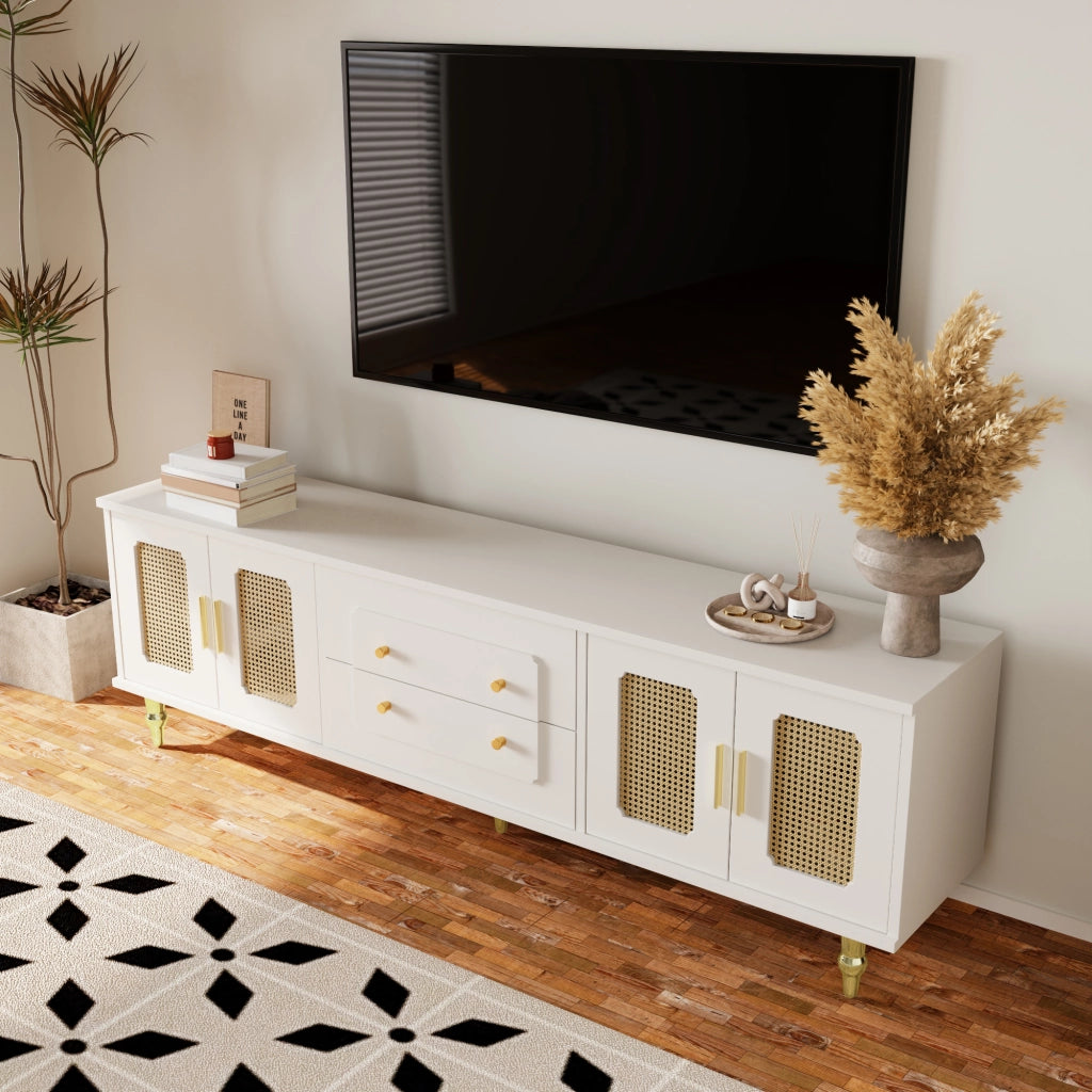 MOBILE TV 175x38x55,5 cm Bianco con ante in PVC rattan e cassetti