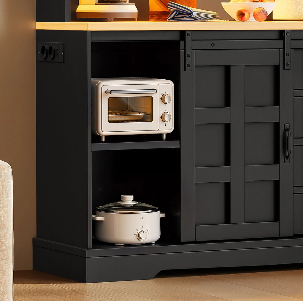 Credenza da cucina 120x40x150 cm con LED RGB, prese USB e 4 cassetti in MDF nero