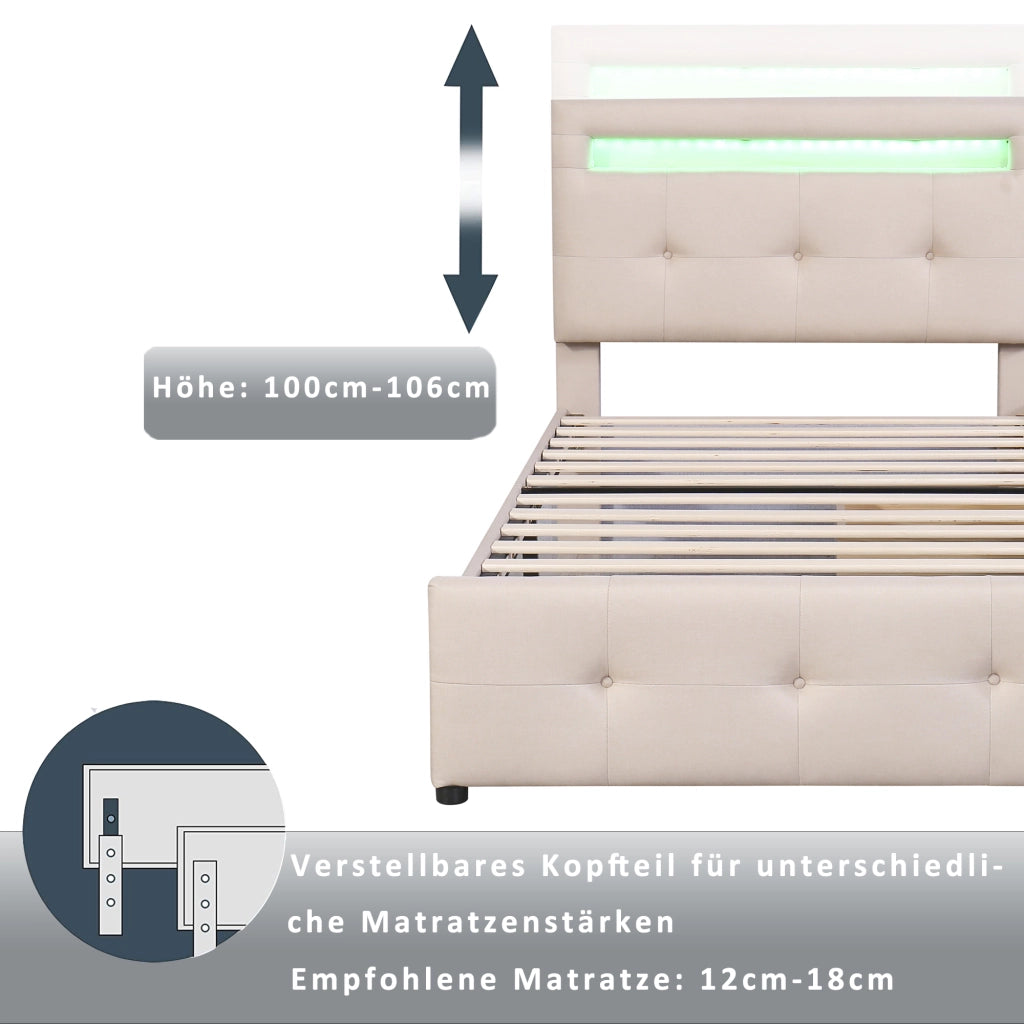 Letto con cassetti con LED e testiera regolabile imbottito beige con rete a doghe 210 × 99 × 100 106 cm