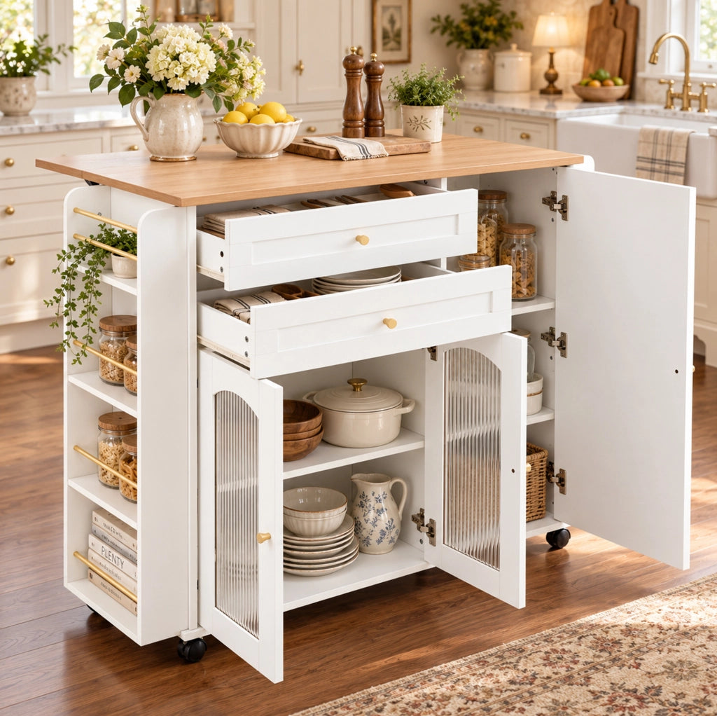 ISOLA CUCINA con piano ribaltabile 110 cm bianca e naturale