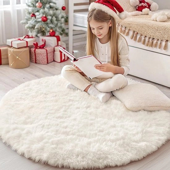 Tappeto Fluffino Antiscivolo con Fondo Liscio Lavabile per Salotto, Camera dei Bambini, Camera da Letto - 120 cm Circolare, Crema