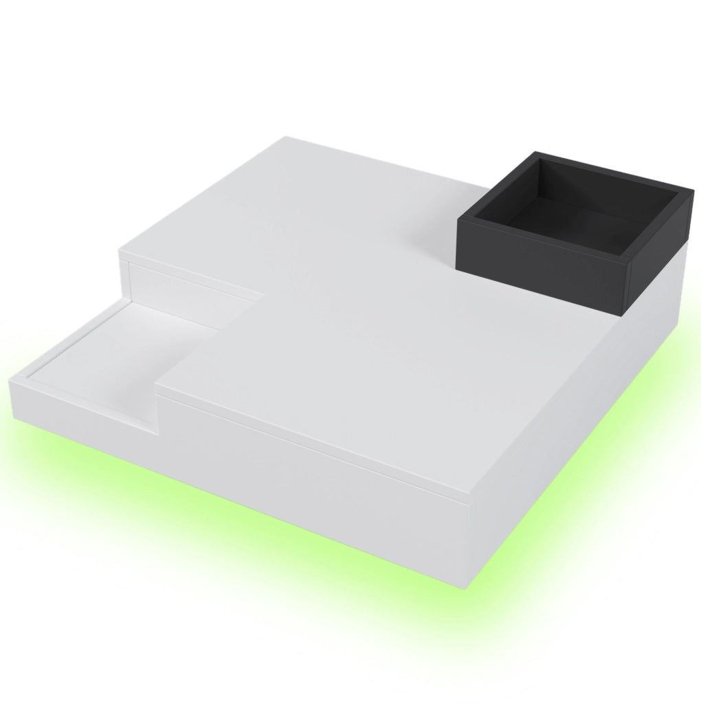 Tavolino da caffè 72x72x30 cm in truciolare lucido bianco e nero con box portaoggetti e LED