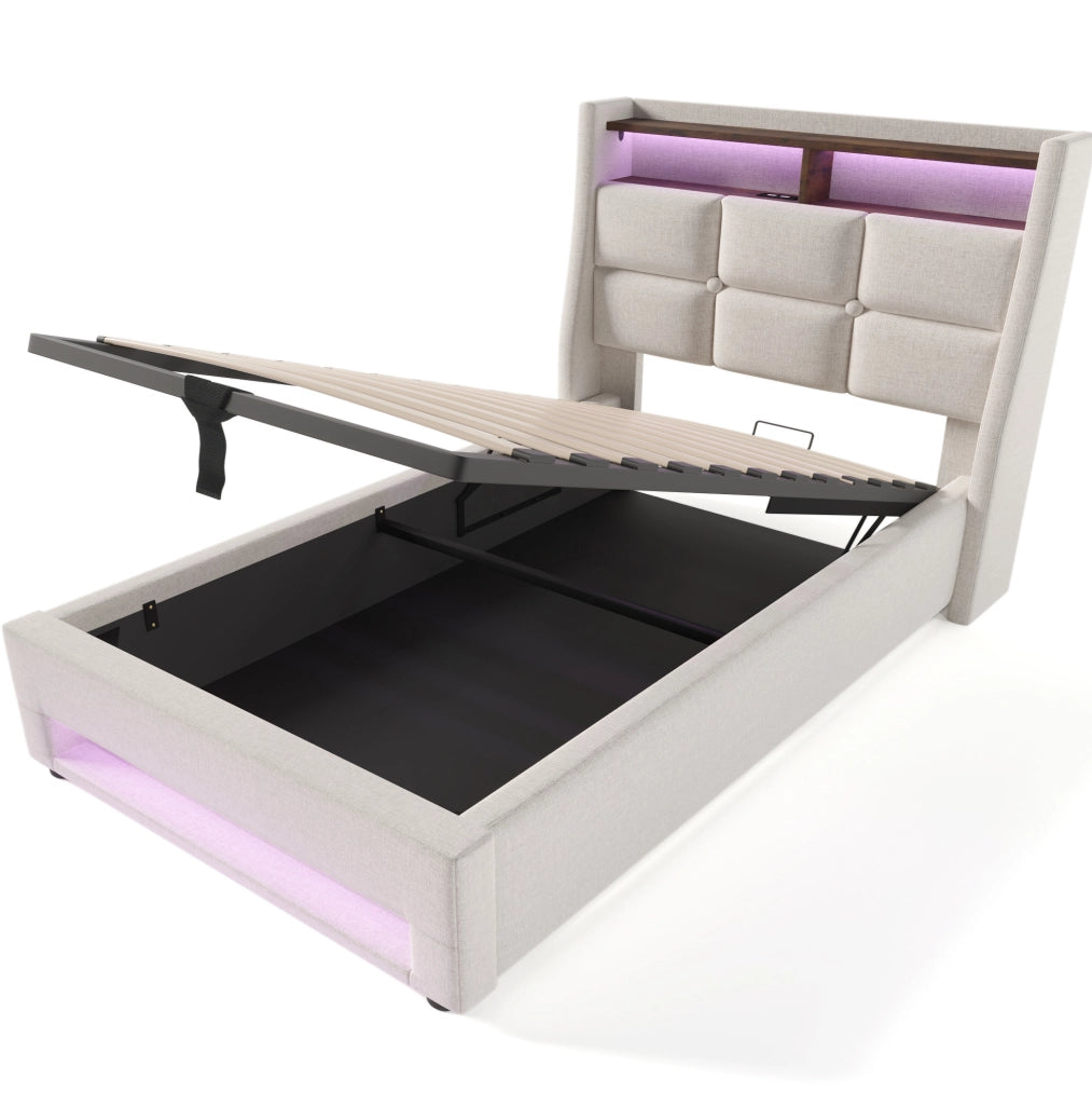 Letto imbottito 90x200 cm con LED, USB e contenitore in lino beige chiaro