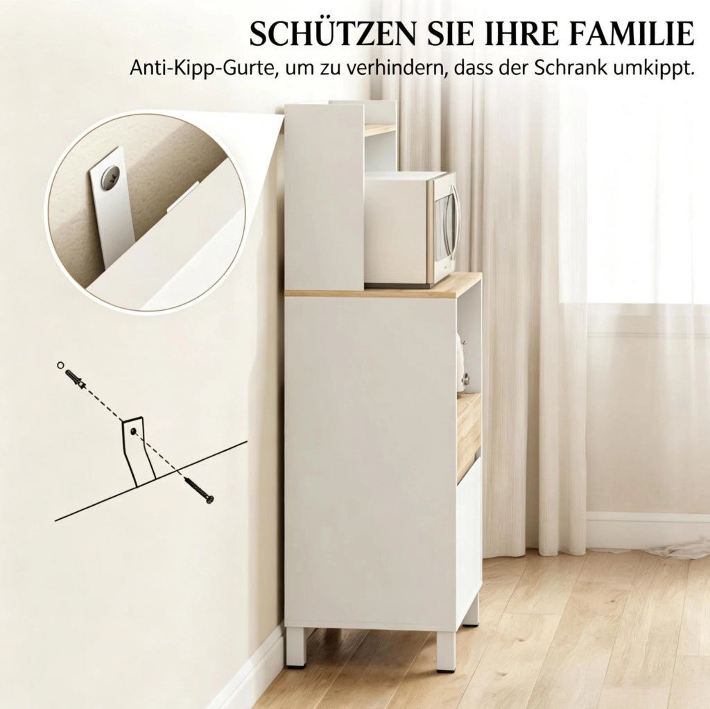 Mobiletto con ripiani e vano microonde in truciolato bianco e rovere, 60x40x131 cm