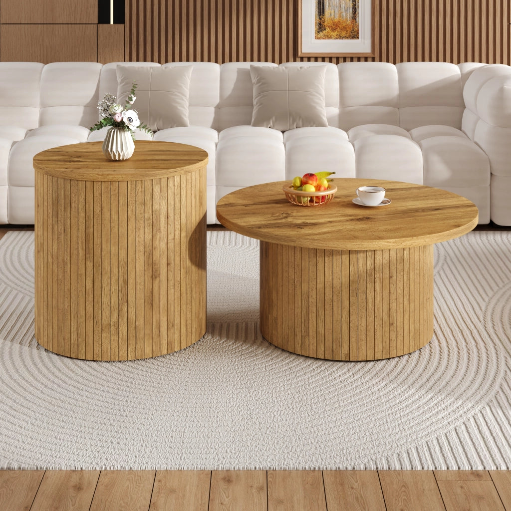 OKWISH Tavolini da Salotto Impilabili Rotondi con Doppia Struttura Separabile, Stile Minimalista, MDF, Naturale