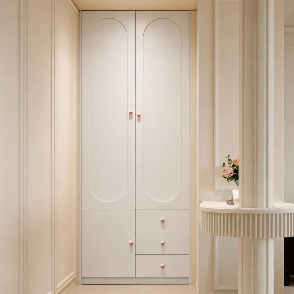 Armadio per bambini bianco con 2 porte, 3 cassetti, pomelli in ceramica rosa, 80×50×200 cm