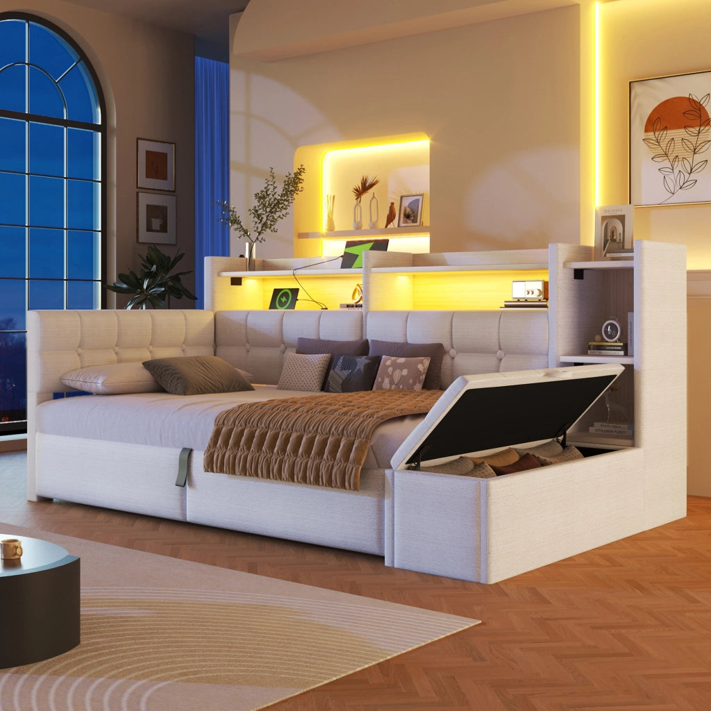 Letto da Giorno 90x200 cm in velluto con Contenitore Idraulico; Panca Contenitore; LED; USB-C; Ripiani Bianco