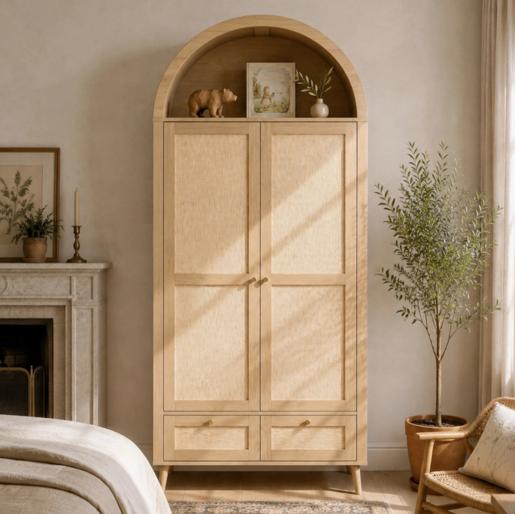 Armadio 80x55x180 cm in MDF rovere e beige, 2 ante e 2 cassetti