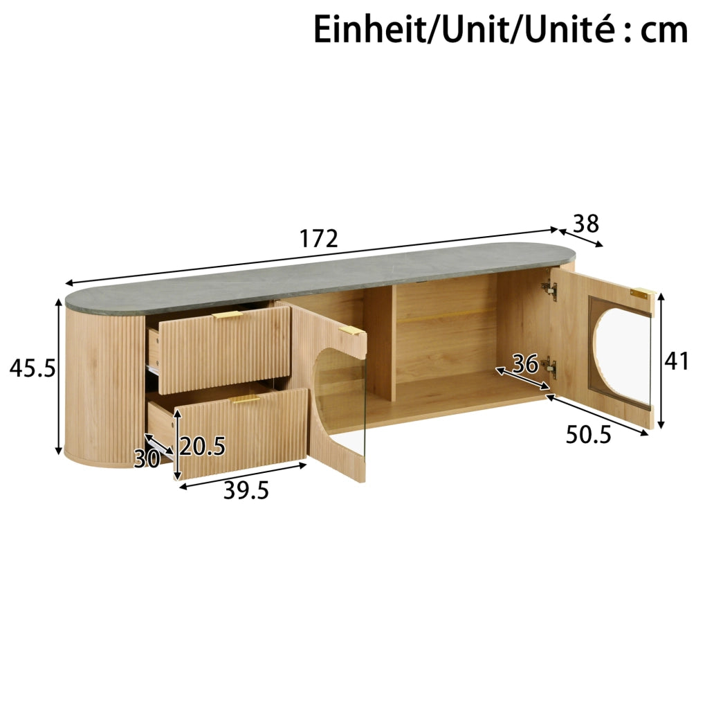 Mobile TV in MDF effetto legno naturale con ante 3D verticali e vetrina ovale in vetro grigio, 172x38x45,5 cm