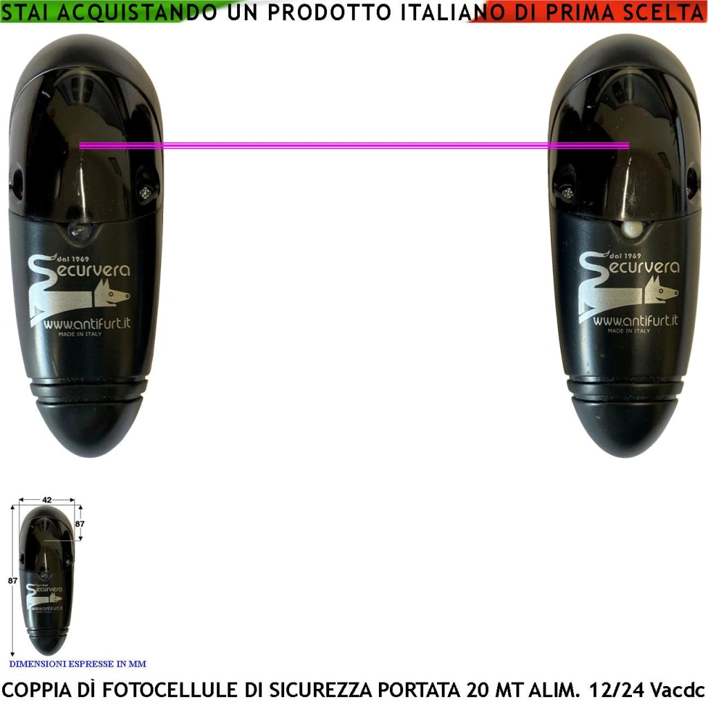 Coppia Fotocellula Controllo di Sicurezza per Cancello Elettrico Automatico Portata 20 Metri Lineari Montaggio a Parete o Palina Alimentazione 12/24 Vac Dispositivo Antischiacciamento Universali