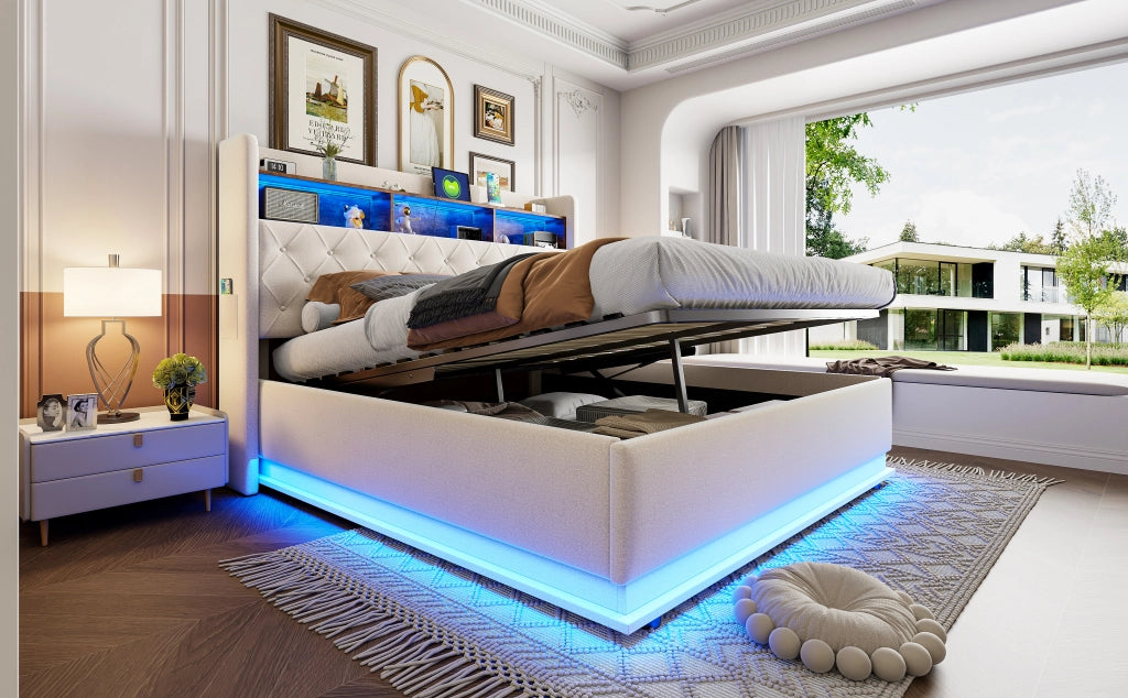 Letto matrimoniale imbottito 180 × 200 cm con LED USB vano contenitore idraulico in lino beige