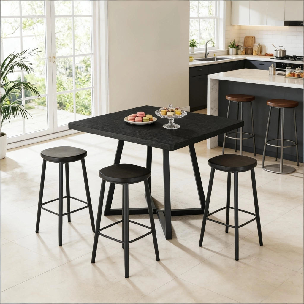 Tavolo quadrato da pranzo in MDF e metallo nero, stile rustico, compatto e versatile per casa