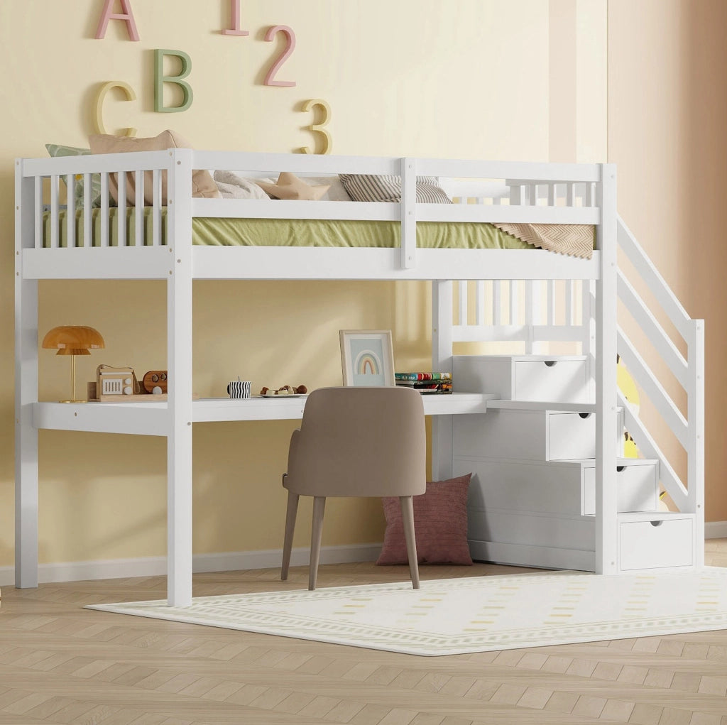 Letto a soppalco 90x200 cm in legno e MDF bianco con scrivania per bambini