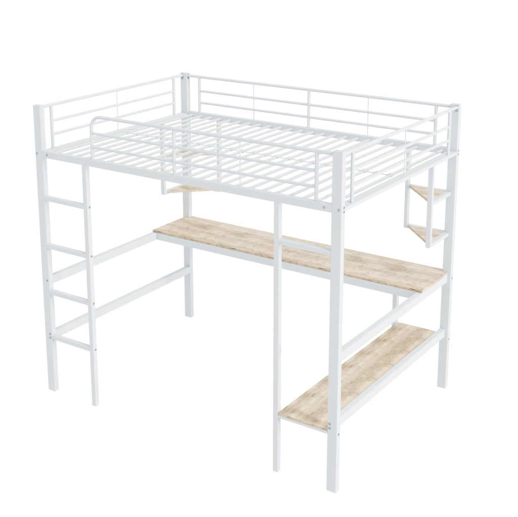 Letto a soppalco 90x200 cm con scrivania e libreria in metallo e MDF; bianco