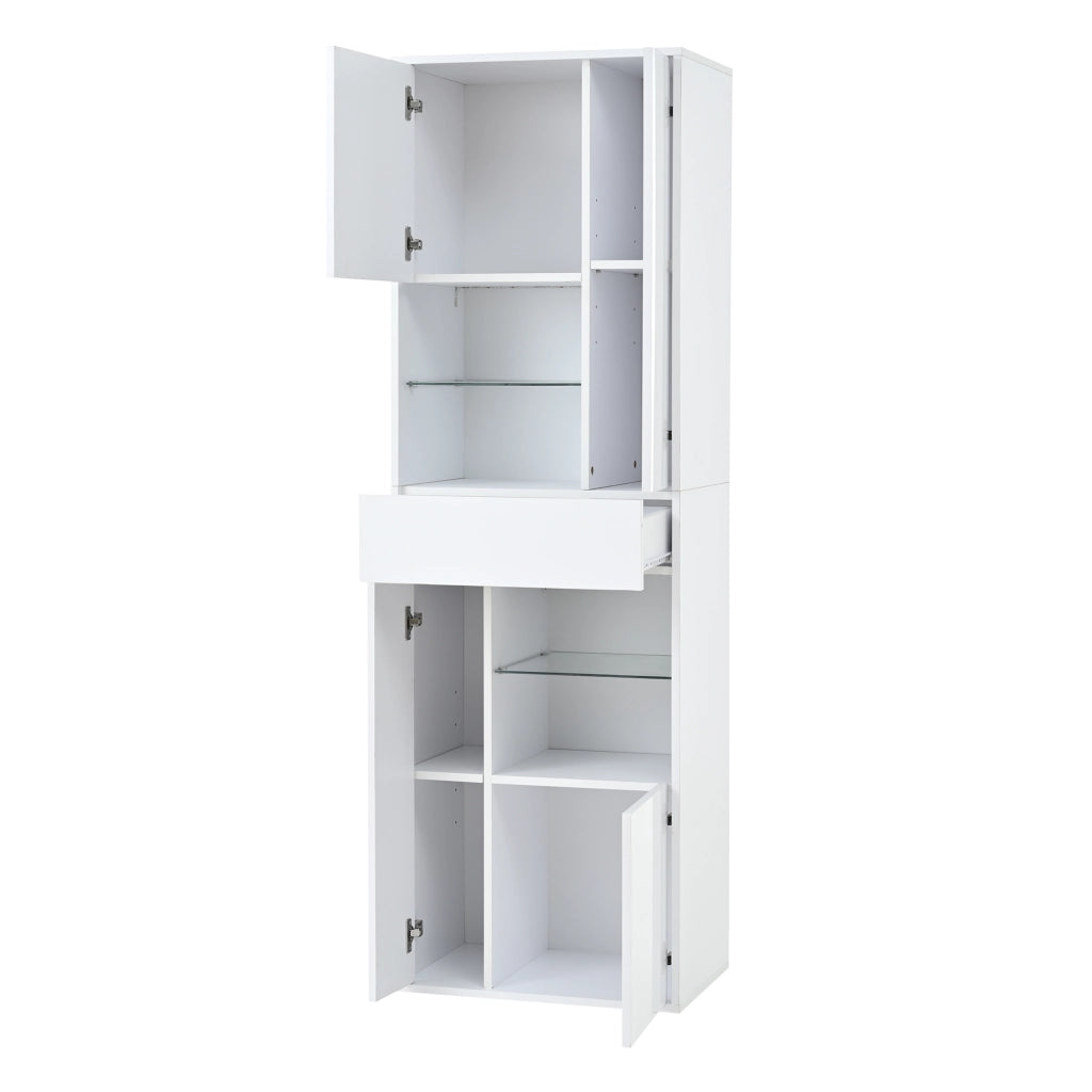 Vetrina alta con LED e 1 cassetto 4 armadietti ripiani regolabili vetro temperato bianco 55 × 38 × 170 cm