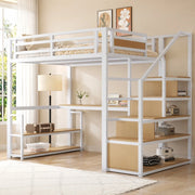 Letto a soppalco 140x200 cm per adulti con scrivania; mensole e scala contenitore; metallo bianco