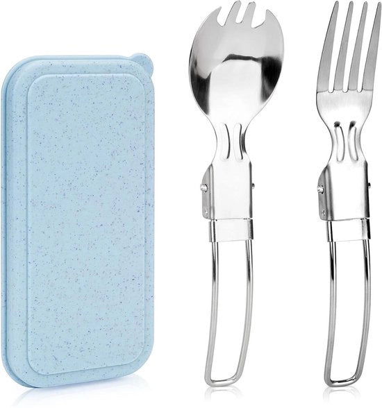 Set di utensili da picnic in acciaio inossidabile pieghevole - Contenitore di conservazione - Leggero - Riciclabile - Set di posate per outdoor - Campeggio - Lopera pieghevole compatta - Adatto per viaggi in camper - Blu