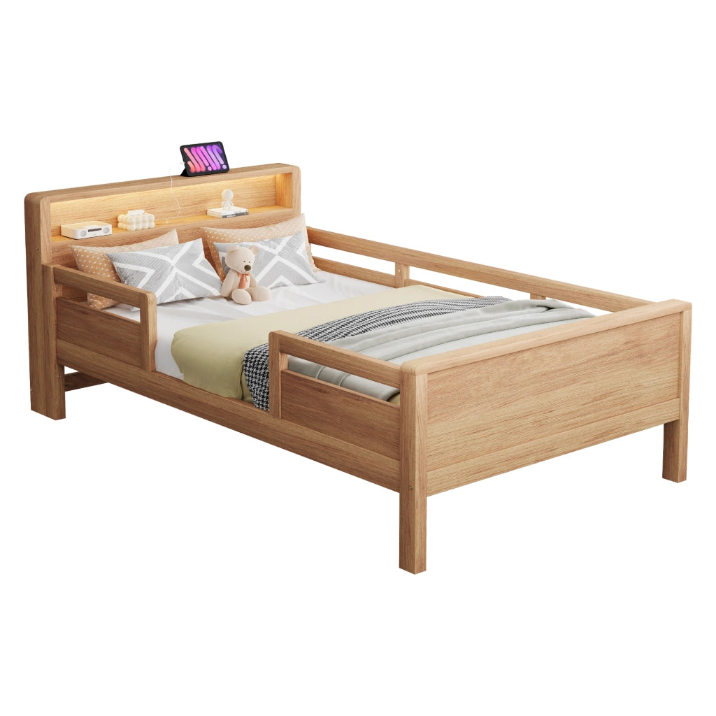 Letto singolo 90 × 200 cm con LED porte USB e Tape-C testiera con vano in legno di pino