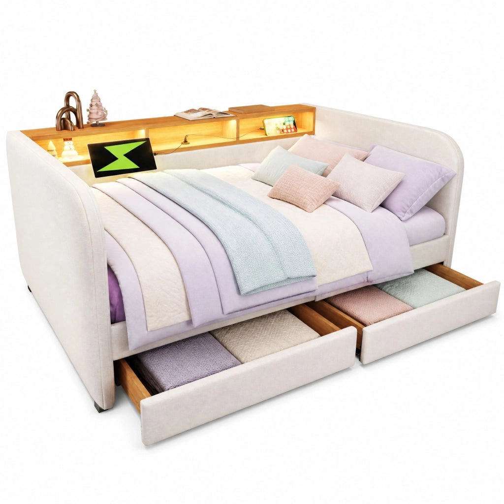 Letto imbottito 140 ¡Á 190 cm con testiera LED porte USB e Type-C due cassetti in lino beige chiaro senza materasso