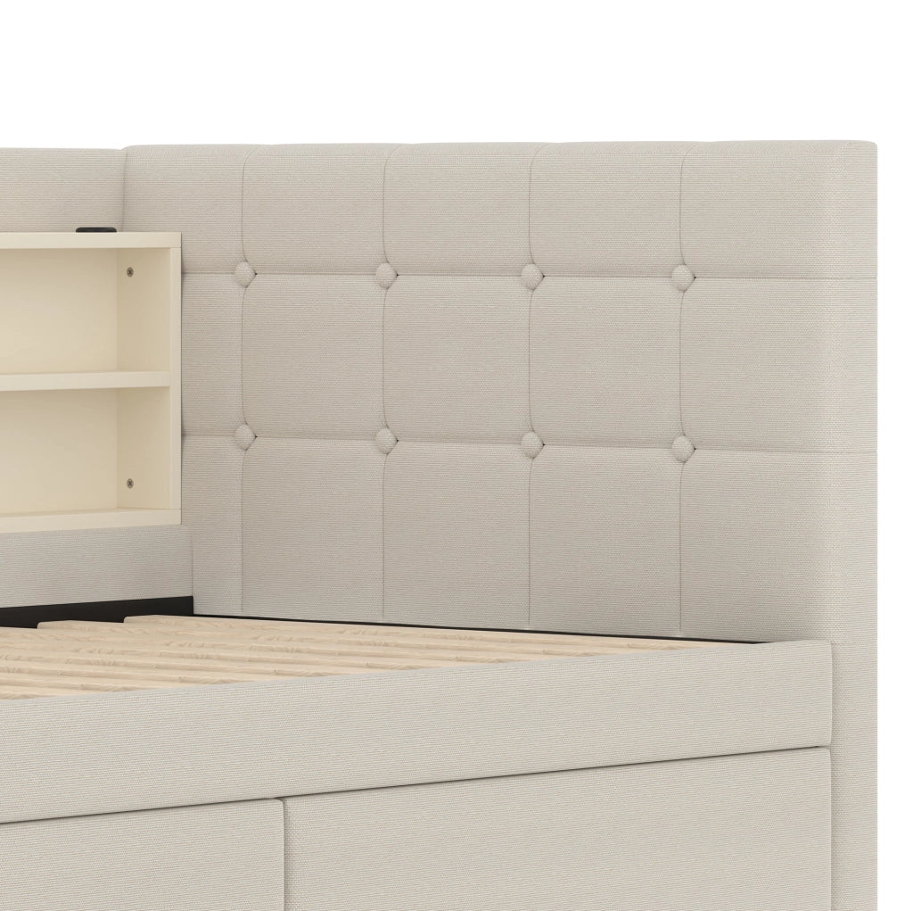 Letto 90x200 cm con 2 cassetti; USB e Tipo C in lino e MDF beige