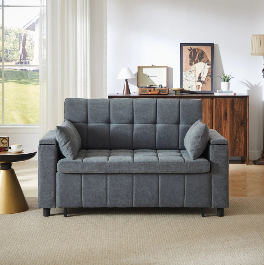 Divano letto 3 in 1 in ciniglia grigio con doppio contenitore e struttura metallica resistente