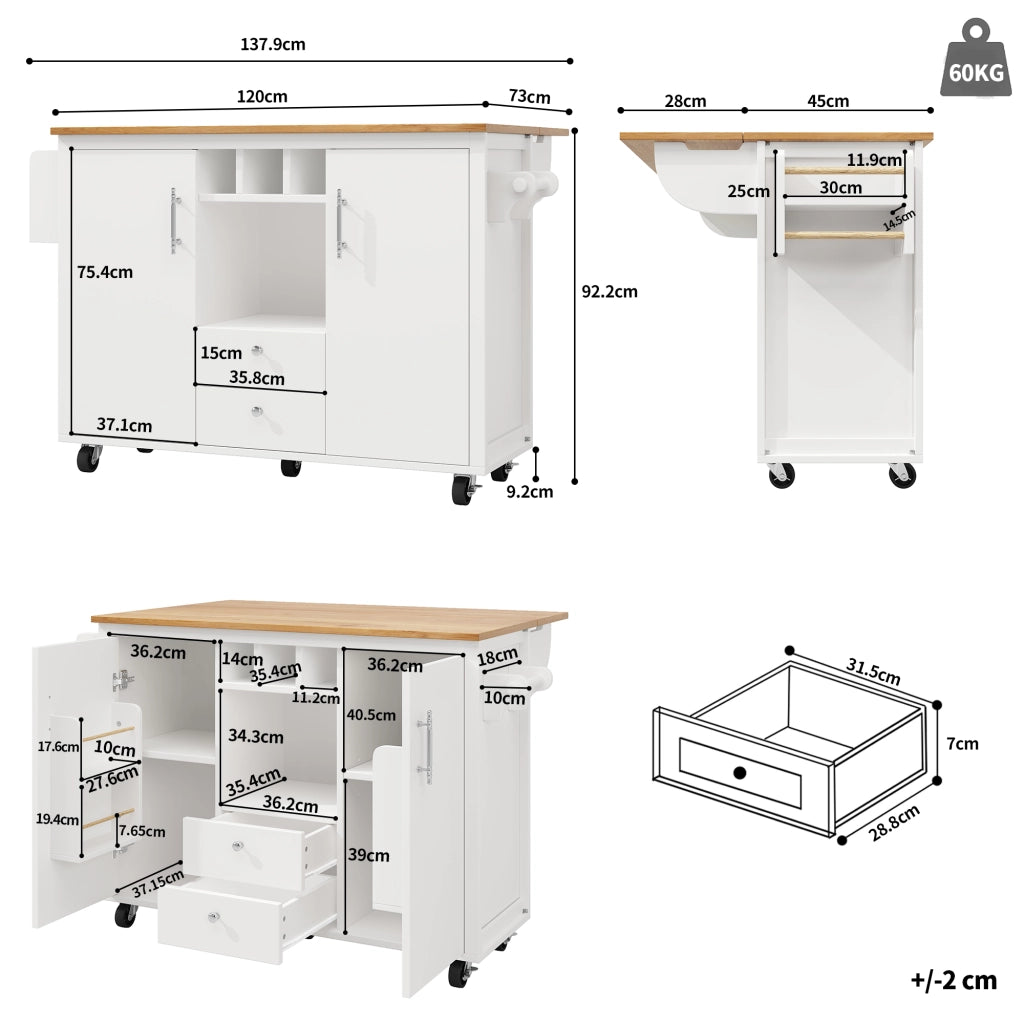 CARRELLO Cucina con piano ribaltabile 137,9x73x92,2 cm MDF bianco con ruote