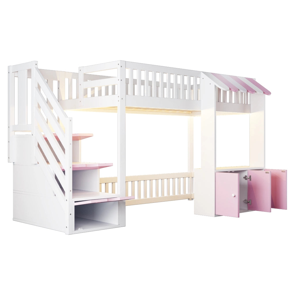 Letto a soppalco in legno 90 x 200 cm con scala contenitore e luci LED multicolore; rosa e bianco