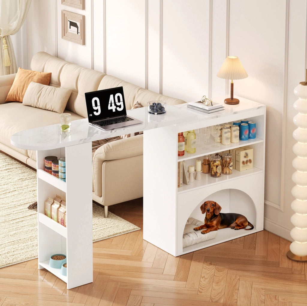 Tavolo alto estensibile ULEVR 120(+80)x40x100 cm con piano girevole, 2 ripiani aperti e vano per animali, bianco effetto marmo