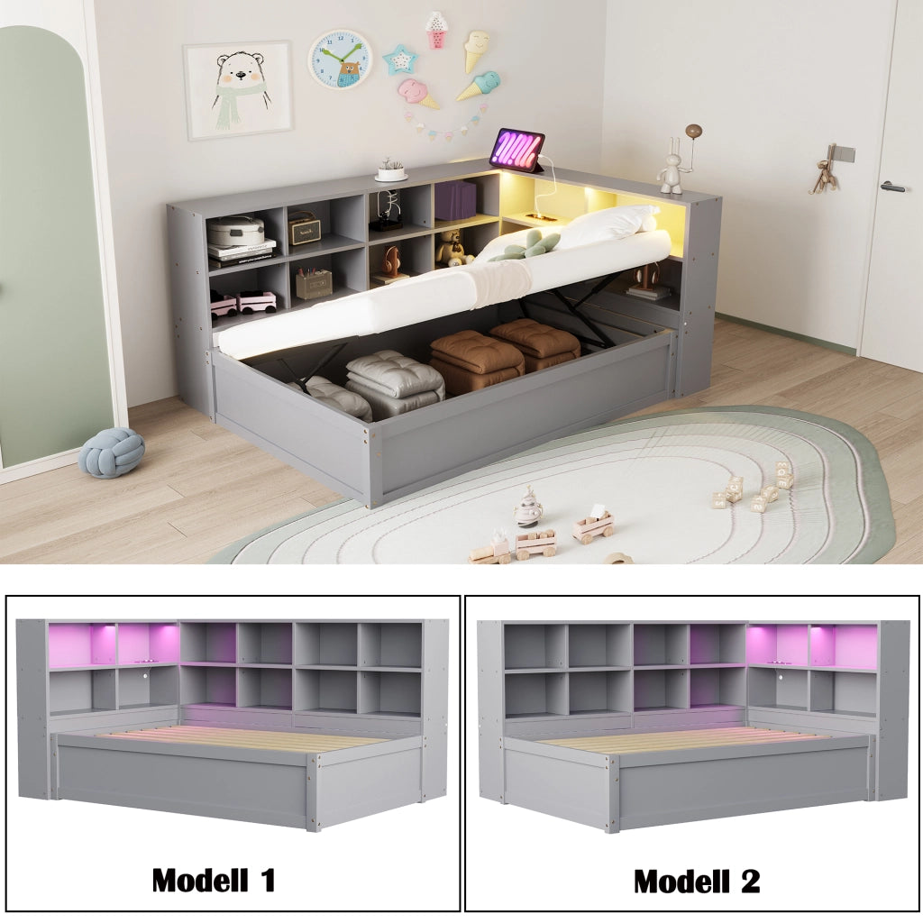 Letto singolo 90 × 200 cm con vano contenitore idraulico prese integrate e LED controllabile in legno grigio