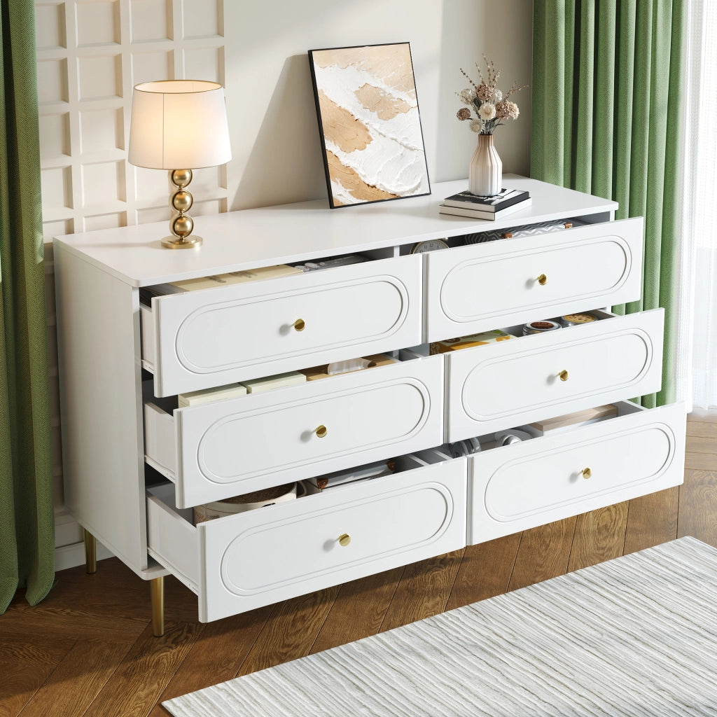 Cassettiera Bianca 6 Cassetti 120 cm; Credenza Moderna Soggiorno con Piedini in Metallo