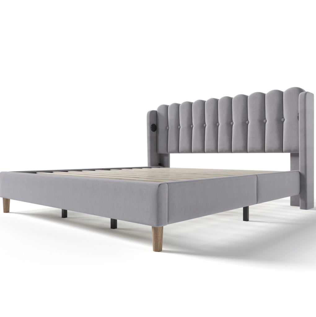 Letto matrimoniale imbottito grigio con funzione di ricarica USB Tipo C, struttura 180x200 cm in lino, con rete a doghe