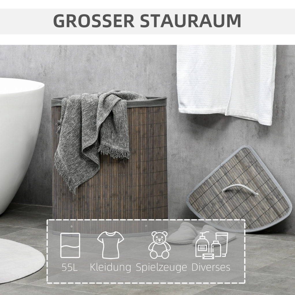 Cesto porta biancheria in bambù 55L con coperchio e sacco estraibile, 38x38x57 cm grigio