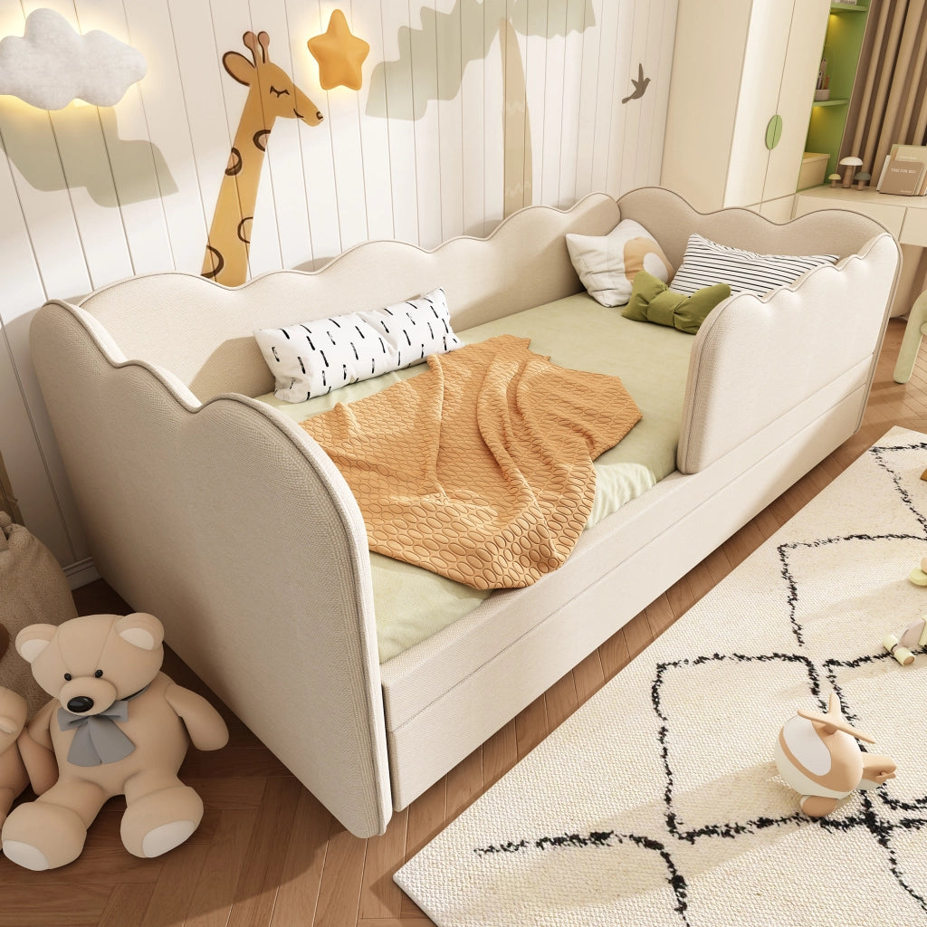 Letto con letto estraibile 90 × 190 cm con sponda rimovibile e schienale imbottito in lino beige