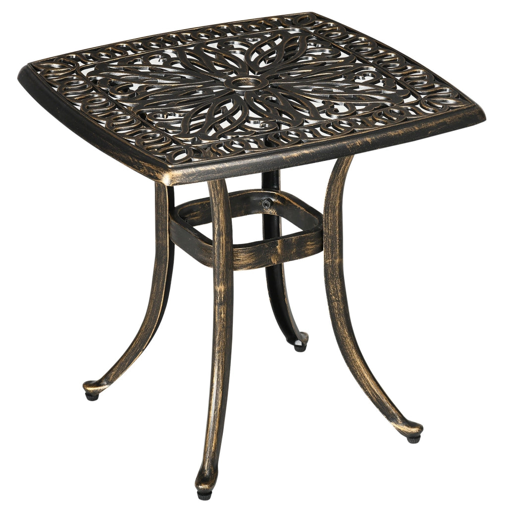 Tavolino da Esterno in Alluminio con Foratura per Ombrellone 54x54x52,5 cm, Finitura Bronzo Vintage per Giardino e Balcone