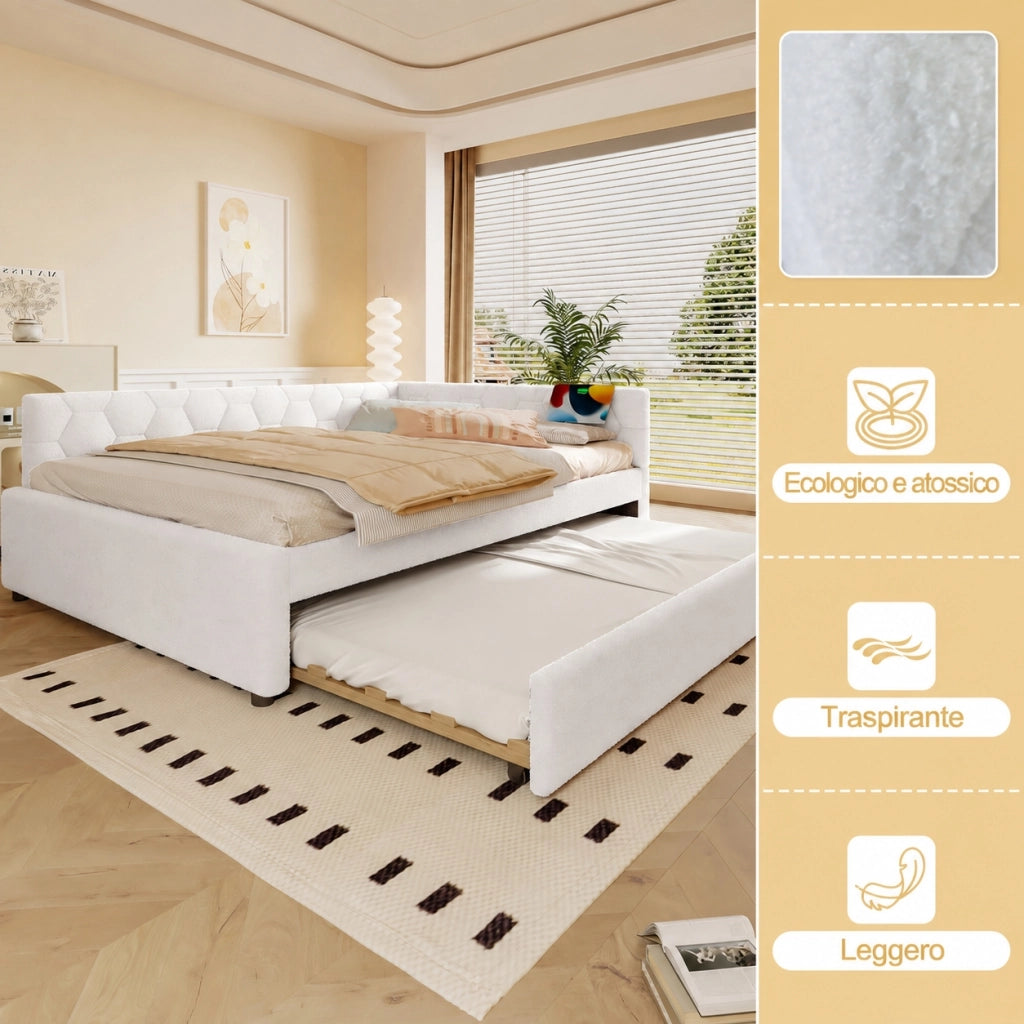 Letto rosa 140x200 cm con rete a doghe e letto estraibile; lampada; USB e Type C; velluto e MDF