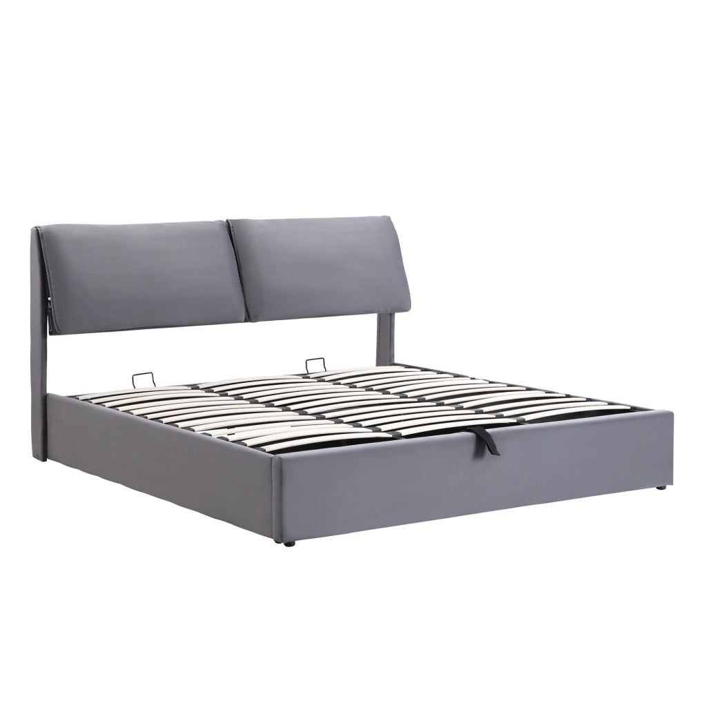 Letto imbottito grigio in velluto 160x200 con contenitore, 3 cassetti e rete a doghe, senza materasso