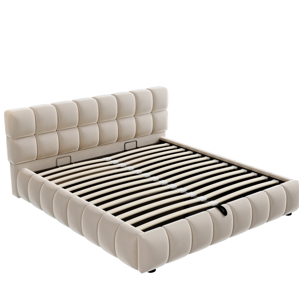 Letto matrimoniale imbottito 140x190 cm in velluto beige con contenitore idraulico
